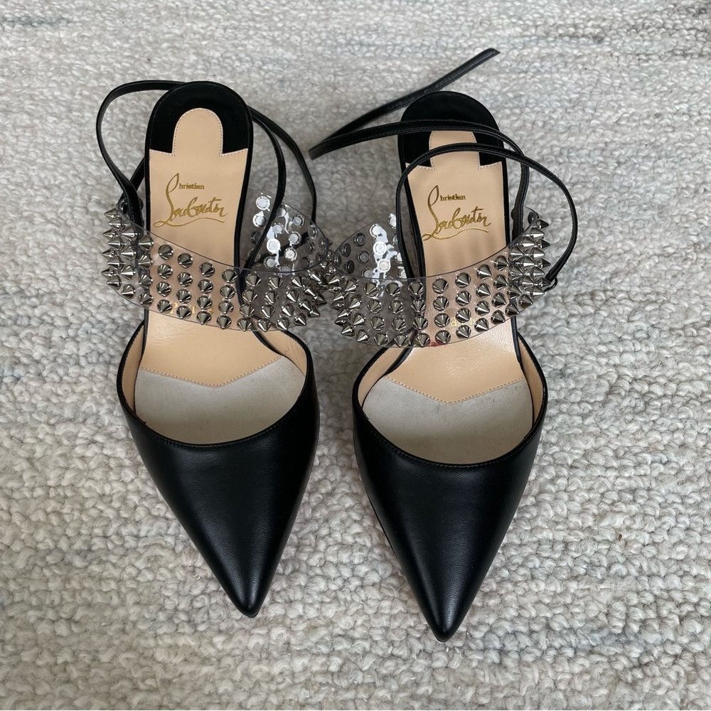 NEW Christian Louboutin Levita 55 Black Nappa PVC Silver Spike Heel Sandal Pump